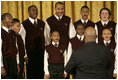 The Richmond Boys Choir, led by Artistic Director Billy Dye, performs during the Coming Up Taller awards ceremony Monday, Jan. 28, 2008, in the East Room of the White House. In thanking the choir afterwards, Mrs. Laura Bush said, "I like that you sang Stevie Wonder's song, "Always," because I think that's what children in each one of these programs that we've represented today will learn in your programs, and that is that somebody will love them always."