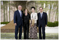 President George W. Bush and Mrs. Laura Bush stand with Japan's Prime Minister Yasuo Fukuda and Mrs. Kiyoko Fukuda in the Banquet Lobby of the Windsor Hotel Toya Resort and Spa Monday, July 7, 2008, in Toyako, Japan, prior to the Dinner with G-8 Leaders and Spouses.