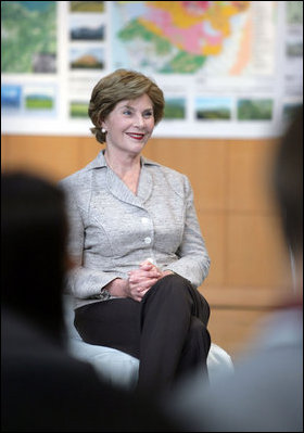 Mrs. Laura Bush participates in a discussion with Junior 8 (J8) members during her visit to the Lake Toya Visitors Center Wednesday, July 9, 2008, in Hokkaido, Japan. 