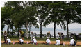 Mrs. Laura Bush, joined by other G-8 spouses, plants a tree at the Toyako New Mount Showa Memorial Park during tree planting ceremony Wednesday, July 9, 2008, in Hokkaido, Japan. Joining Mrs. Bush from left are Mrs. Sarah Brown, spouse of the Prime Minister of the United Kingdom, Mrs. Svetlana Medvedev, spouse of the President of Russia, Mrs. Laureen Harper, spouse of the Prime Minister of Canada, Mrs. Kiyoko Fukuda, spouse of the Prime Minister of Japan, and Ms. Harumi Takahashi, Governor of Hokkaido.