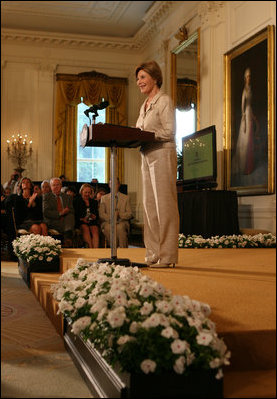 Mrs. Laura Bush welcomes attendees of the 2008 Cooper-Hewitt National Design Awards on July 14, 2008 in the White House East Room. The awards are given in various disciplines such as communications, architecture, landscape, product, interior, fashion and people's design as well as in lifetime achievement, corporate achievement, special jury commendation. They awards are a tool to increase national awareness of design by promoting excellence, innovation and lasting achievement. The award program was first launched in 2000 at the White House as an official project of the White House Millennium Council.