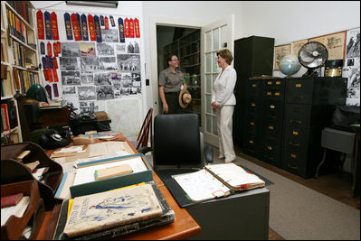 Mrs. Laura Bush is shown the office of Mrs. Carl Sandburg by Jill Hamilton-Anderson during a tour Monday, July 28, 2008, of the Carl Sandburg Home National Historic Site in Flat Rock, N.C.