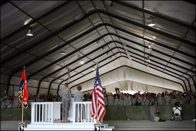 Mrs. Laura Bush delivers remarks to US troops during her visit to Bagram Air Force Base Sunday, June 8, 2008, in Bagram, Afghanistan.