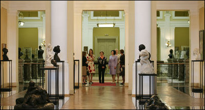 Mrs. Laura Bush and Slovenia's First Lady Barbara Miklic Turk, right, tour the National Gallery of Slovenia Tuesday, June 10, 2008 in Ljubljana, Slovenia.