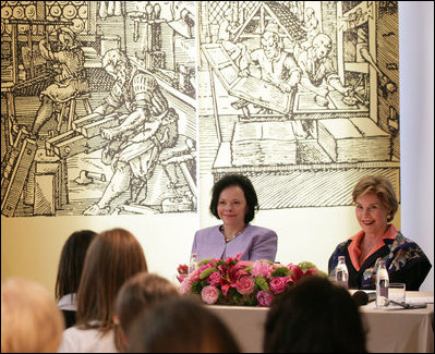 Mrs. Laura Bush and Slovenia's First Lady Barbara Miklic Turk attend the Za in Proti (ZIP) student event Tuesday, June 10, 2008 in Kranj, Slovenia.