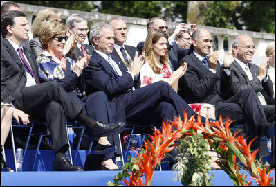 President George W. Bush and Laura Bush applaud during the Lipizzaner stallion exhibition Tuesday, June 10, 2008, at Brdo Castle in Kranj, Slovenia.