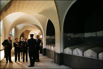 Mrs. Laura Bush visits the Lafayette Memorial Crypt Wednesday, June 11, 2008, during her visit to the Lafayette Escadrille Memorial in Marnes la Coquette, France. Beneath the monument, is a sanctuary crypt that is the final resting place for 68 pilots from the Lafayette Flying Corps that were lost during the First World War.