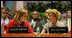 Mrs. Laura Bush talks with World Food Program Executive Director Josette Sheeran during the plenary session at the WFP conference Thursday, June 12, 2008, in Rome.