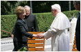 Mrs. Laura Bush meets with His Holiness Pope Benedict XVI, June 13, 2008, accompanied by President Bush.