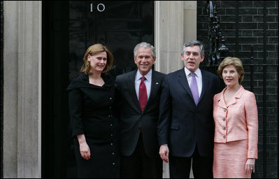 President George W. Bush and Laura Bush are met by British Prime Minster Gordon Brown and his wife, Sarah, on their arrival Sunday, June 15, 2008 to 10 Downing Street in London.