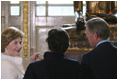 Mrs. Laura Bush is shown a statue during her tour the Afghani and Burmese Collections at the British Museum in London on Monday, June 16, 2008.