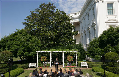 Mrs. Laura Bush delivers remarks in honor of World Refugee Day Friday, June 20, 2008, in the East Garden of the White House. In addressing her guests, Mrs. Bush announced the approval by President George W. Bush of a $32.8 million emergency funding to support unexpected and urgent needs, including food, for refugees and conflict victims in Africa, the Middle East, Asia and the Western Hemisphere.