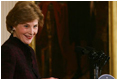 Mrs. Laura Bush welcomes guests Friday, March 7, 2008, to the East Room of the White House for a scene performance of Chasing George Washington: A White House Adventure. Mrs.Bush also spoke about the importance of learning through the arts and in support of the Kennedy Center/White House Historical Association theater series.