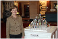 Mrs. Laura Bush poses with the 2008 State Easter Egg Display Monday, March 10, 2008, at the White House Visitors Center in Washington, D.C. The State Egg Display tradition has been going on since 1994, and is coordinated by the American Egg Board who selects an artist from each state to paint/decorate an egg.