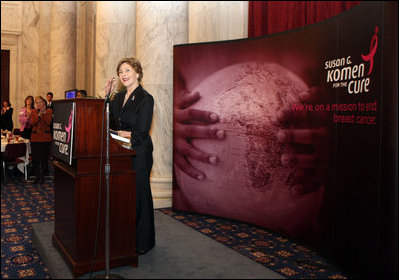 Mrs. Laura Bush delivers remarks at the Susan G. Komen for the Cure Global Initiative Luncheon Wednesday, March 12, 2008, at the U.S. Capitol in Washington, D.C. Mrs. Bush also talked about her upcoming trip to Mexico City where she will announce the U.S.-Mexico Partnership for Breast Cancer Awareness and Research.