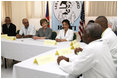 Mrs. Laura Bush attends a briefing Thursday, March 13, 2007 at the GHESKIO HIV/AIDS Center in Port-au-Prince, Haiti. GHESKIO is a participant in the President's Emergency Plan for AIDS Relief (PEPFAR), which has contributed approximately $365 million to fight HIV/AIDS in Haiti.