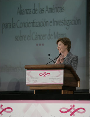 Mrs. Laura Bush addresses an audience Friday, March 14, 2008, prior to the signing of the U.S.-Mexico Partnership for Breast Cancer Awareness and Research agreement at the Interactive Economics Museum in Mexico City.