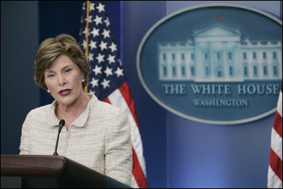 Mrs Laura Bush addresses reporters in the James S. Brady Press Briefing Room Monday, May 5, 2008 at the White House, urging the Burmese government to accept the humanitarian assistance being offered by the United States to the people of Burma in the aftermath of the destruction caused by Cyclone Nargis.