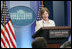 Mrs Laura Bush addresses reporters in the James S. Brady Press Briefing Room Monday, May 5, 2008 at the White House, on the humanitarian assistance being offered by the United States to the people of Burma in the aftermath of the destruction caused by Cyclone Nargis