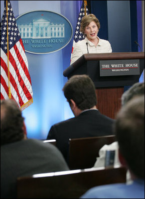 Mrs Laura Bush addresses reporters in the James S. Brady Press Briefing Room Monday, May 5, 2008 at the White House, on the humanitarian assistance being offered by the United States to the people of Burma in the aftermath of the destruction caused by Cyclone Nargis