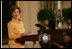 Mrs. Laura Bush welcomes guests to the East Room of the White House Monday, May 12, 2008, as she congratulates the recipients of the 2008 Preserve America Presidential Awards. The African Burial Ground Project, The Corinth and Alcorn County Mississippi Heritage Tourism Initiative, the Lower East Side Tenement Museum and the Texas Historic Courthouse Preservation Program were all honored for their efforts in preserving our national historic sites.