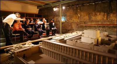 Mrs. Laura Bush and Mrs. Aliza Olmert participate in a tour of the Western Wall Tunnels Wednesday, May 14, 2008, in Jerusalem.