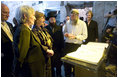 Mr. Mordechi Eliav leads Mrs. Laura Bush and Mrs. Aliza Olmert on a visit of the Western Wall in Jerusalem Wednesday, May 14, 2008.