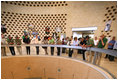 President George W. Bush and Mrs. Laura Bush and Prime Minister Ehud Olmert of Israel and his spouse, Mrs. Aliza Olmert, listen to an overview of Masada National Park before their tour Thursday, May 15, 2008, in Masada, Israel.