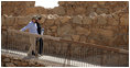 Mrs. Laura Bush and Mrs. Aliza Olmert leave the upper terrace of Masada during their visit Thursday, May 15, 2008. Masada, built by King Herod of Judea, was the last bastion of Jewish freedom fighters against the Romans; its fall signaled the violent destruction of the kingdom of Judea at the end of the Second Temple period.