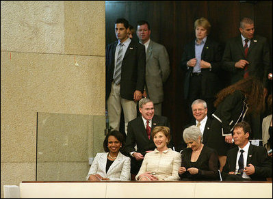 Mrs. Laura Bush sits with U.S. Secretary of State Condoleezza Rice and Mrs. Aliza Olmert, spouse of Israel's Prime Minister Ehud Olmert before the start of Thursday's afternoon session at the Knesset in Jerusalem.