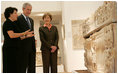 President George W. Bush and Mrs. Laura Bush listen as they're guided through the Bible Lands Museum Jerusalem Friday, May 16, 2008, by Director Amanda Weiss. The museum illustrates the cultures of all the peoples mentioned in the Bible and was founded by the late Dr. Elie Borowski, whose motto remains, "the future of mankind has its roots in the past, and only through understanding our history can we work together to create a better future for the generations to come".