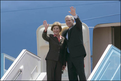 President George W. Bush and Mrs. Laura Bush wave goodbye from Air Force One Friday, May 16, 2008, as they prepared to depart Ben Gurion International Airport en route to Riyadh, Saudi Arabia on the second leg of their three-country, Mideast visit.