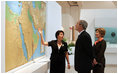 President George W. Bush and Mrs. Laura Bush listen to Director Amanda Weiss as they tour the Bible Lands Museum Jerusalem Friday, May 16, 2008. The museum illustrates the cultures of all the peoples mentioned in the Bible – from Egypt eastwards across the Fertile Crescent to Afghanistan, and from Nubia north to the Caucasian mountains.