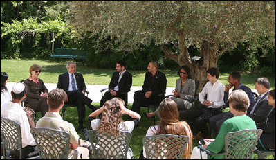 U.S. Secretary of State Condoleezza Rice, and U.S. Ambassador to Israel Richard Jones and Mrs. Joan Jones join President George W. Bush and Mrs. Laura Bush as they meet with a dozen young leaders Friday, May 16, 2008, for a roundtable discussion at the Bible Lands Museum Jerusalem. The stop was the last for the President and first lady in Israel as they continued their visit to the Middle East continuing on to Riyadh.