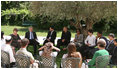 U.S. Secretary of State Condoleezza Rice, and U.S. Ambassador to Israel Richard Jones and Mrs. Joan Jones join President George W. Bush and Mrs. Laura Bush as they meet with a dozen young leaders Friday, May 16, 2008, for a roundtable discussion at the Bible Lands Museum Jerusalem. The stop was the last for the President and first lady in Israel as they continued their visit to the Middle East continuing on to Riyadh.