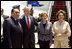 President George W. Bush and Laura Bush are welcomed by Egyptian President Hosni Mubarak and his wife, Susan Mubarak, upon their arrival Saturday, May 17, 2008, to Sharm el-Sheik International Airport in Sharm el-Shiek, Egypt.