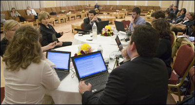 Mrs. Laura Bush talks with members of the media Friday, May 16, 2008, at Al Janadriyah Ranch in Al Janadriyah, Saudi Arabia. Speaking about the Middle East Partnership on Breast Cancer Awareness, Mrs. Bush said, "Not only is it a good partnership that's saving lives, which is the most important part of it, but I also think there's a friendship that's developed between women in the United States and women in Saudi Arabia..."