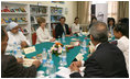 Mrs. Laura Bush participates in a roundtable with students Sunday, May 18, 2008, at the Fayrouz Experimental School for Languages in Sharm El Sheikh, Egypt. The roundtable highlighted the Big Read Egypt/U.S. initiative which proves citizens with the opportunity to read and discuss a single book within their communities featuring innovative reading programs and compelling resources for discussing outstanding literature.