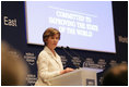 Mrs. Laura Bush speaks at the Egyptian Education Initiative meeting Sunday, May 18, 2008, at the World Economic Forum – International Congress Centre in Sharm El Sheikh, Egypt. Mrs. Bush told her audience, "Advances in technology and global communication are opening new markets and expanding opportunities for people around the world. The Egyptian Education Initiative recognizes that improved education is the key to taking advantage of these opportunities."