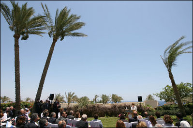 Mrs. Laura Bush delivers remarks on U.S.-Middle East Partnership for Breast Cancer Awareness and Research Sunday, May 18, 2008, at the Grand Rotana Resort in Sharm El Sheikh, Egypt. Mrs. Bush told her audience, "Today I'm pleased to announce that the U.S.-Middle East Partnership for Breast Cancer Awareness and Research will conduct a similar breast cancer analysis and breast cancer services and awareness in the Palestinian Territories. We're glad that the Palestinian Ministry of Health is playing a key leadership role in the development and implementation of this important project."