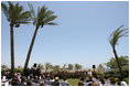 Mrs. Laura Bush delivers remarks on U.S.-Middle East Partnership for Breast Cancer Awareness and Research Sunday, May 18, 2008, at the Grand Rotana Resort in Sharm El Sheikh, Egypt. Mrs. Bush told her audience, "Today I'm pleased to announce that the U.S.-Middle East Partnership for Breast Cancer Awareness and Research will conduct a similar breast cancer analysis and breast cancer services and awareness in the Palestinian Territories. We're glad that the Palestinian Ministry of Health is playing a key leadership role in the development and implementation of this important project."