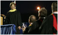 Mrs. Laura Bush smiles during applause after delivering the commencement speech for the Class of 2008 Thursday, May 29, 2008, at Enterprise High School in Enterprise, Alabama.