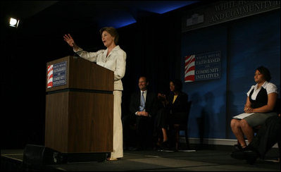 Mrs. Laura Bush speaks about expanding and strengthening faith-based and community organizatons, as well as the positive influence volunteers have had on the Gulf Coast following Hurricane Katrina during her appearance at the White House Office of Faith-Based and Community Initiatives Gulf Coast Summit Friday, May 30, 2008, in New Orleans.