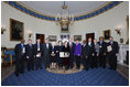 President George W. Bush and Mrs. Laura Bush stand with the recipients of the 2008 National Medal of Arts and Presidential Citizen Medal recipients in the Blue Room at the White House Monday, Nov., 17, 2008. Pictured from left, Henry 'Hank' Jones, Jr, jazz musician; Wayne Reynolds, president of the board of the Ford's Theatre Society; Stan Lee, legendary comic book creator; Paul Tetreault, director of the Ford's Theatre Society; Olivia de Havilland, actress; Carla Maxwell, artistic director of Jose Limon Dance Foundation; Hazel O'Leary, president of Fisk University and Paul Kwami, musical director for Fisk University Jubilee Singers; Dana Gioia, chairman of the National Endowment for the Arts; Adair Wakefield Margo, chairman for the President's Committee on Arts and Humanities; Jesus Moroles, sculptor; and Robert Capanna, of the Presser Foundation.