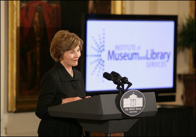 Mrs. Laura Bush offers remarks at the 2008 National Medals for Museum and Library Service Ceremony in the East Room of the White House, Oct. 7, 2008. The First Lady honored five libraries and five museums for their outstanding contributions to public service.