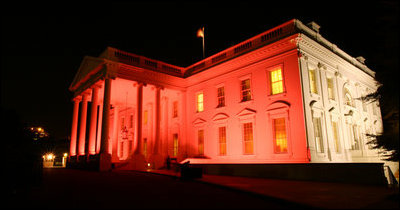 The north side of the the White House turned pink on the evening of Oct. 7, 2008 to raise awareness about breast cancer. The unique view of the North Portico and the side of the house facing Lafayette Park was in observance of Breast Cancer Awareness Month. Breast cancer awareness is a cause Mrs. Laura Bush has worked on around the world. The World Health Organization estimates that each year more than 1.2 million people worldwide are diagnosed with it and breast cancer is one of the leading causes of death for women.