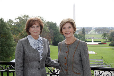 Mrs. Laura Bush greets First Lady of the Slovak Republic, Mrs.Silvia Gasparovicova, on the Truman Balcony of the White House, during Mrs. Gasparovicova's visit on Oct. 9, 2008.