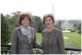 Mrs. Laura Bush greets First Lady of the Slovak Republic, Mrs.Silvia Gasparovicova, on the Truman Balcony of the White House, during Mrs. Gasparovicova's visit on Oct. 9, 2008.