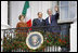 President George W. Bush andMrs. Laura Bush stand with Italian Prime Minister Silvio Berlusconi on the balcony of the South Portico of the White House Monday, Oct. 13, 2008, during Prime Minister Berlusconi's official welcome to the White House.