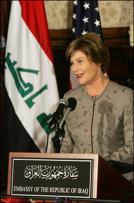 Mrs. Laura Bush delivers remarks at the launching of the Iraq Cultural Heritage Project Thursday, Oct. 16, 2008, at the Iraq Embassy in Washington, D.C. Mrs. Laura Bush said, "The Iraq Cultural Heritage Project will promote national unity by highlighting the rich heritage that all Iraqis share. And the Project will benefit all humanity by preserving the great historic sites, archaeological wonders, and cultural objects that tell the story of the world's earliest communities."